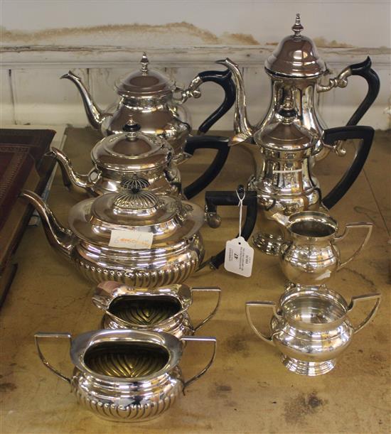 Silver plated 4 piece tea set, another 3 piece tea set and a teapot and coffee pot(-)